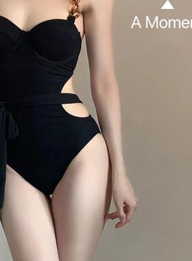 AM 黑白月光 泳衣成人女纯欲风泡温泉性感露背绑带连体衣女夏季新