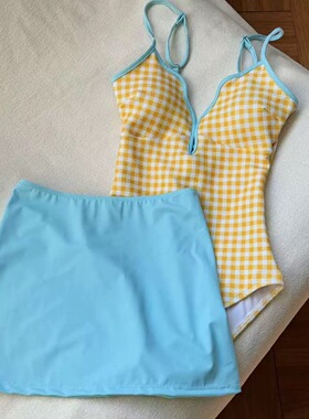 AM 高颜值小清新纯欲风少女黄蓝格子连体游泳衣女两件套显瘦温泉