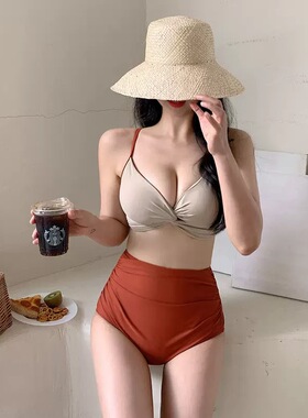 AM 姜撞奶 复古撞色性感拧包文胸高腰分体女士比基尼泳衣微胖遮肉