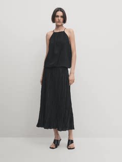 春夏新品 Ma D2024女装 极简气质通勤风优雅黑色百褶中长半身裙