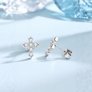 SweetGirl 个性ins风十字架莫桑石耳钉女S925纯银耳环耳饰养耳洞