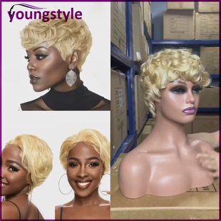 613# Short Curly Pixie Wig Human Hair Full Machine Made Wig