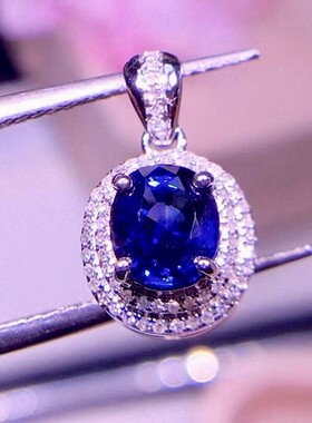 天然蓝宝石吊坠S925银镶嵌蓝宝石项链配证书
