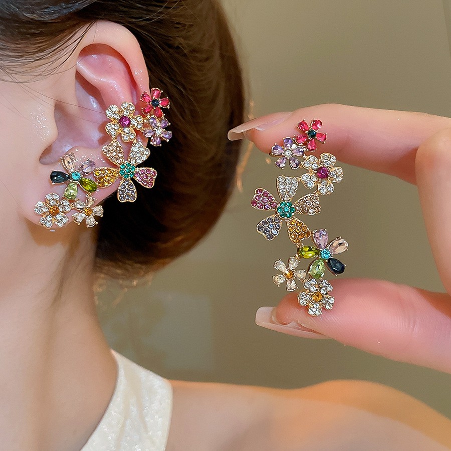S925银针18k花朵耳钉耳夹一体式耳环女轻奢高级个性时尚百搭耳饰