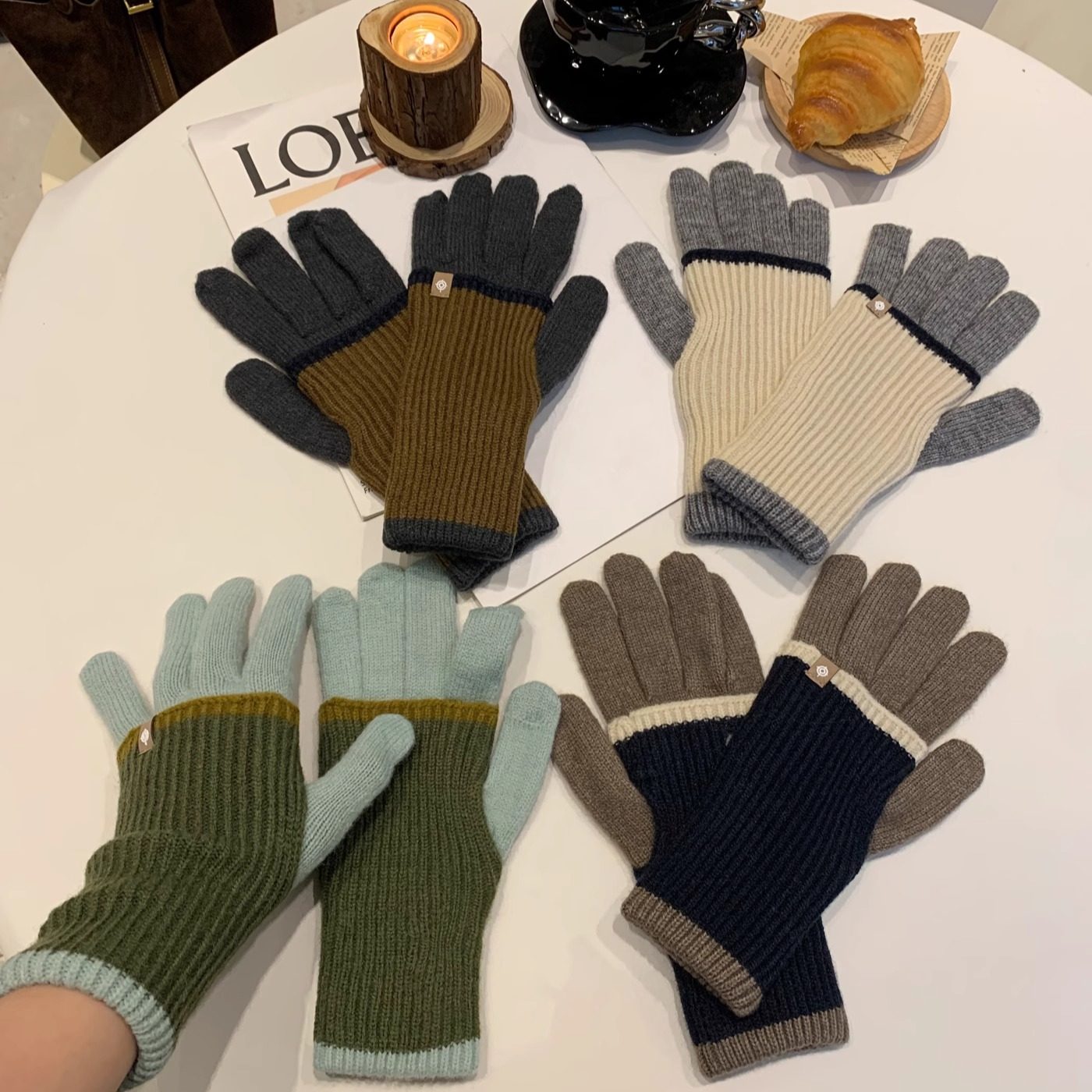 冬季含羊毛针织五指手套2025新款冬季两用双层撞色加长保暖手套女