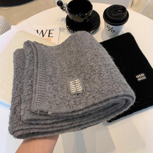 螺纹针织羊羔毛软糯围巾女2025冬季 AIM徽标加厚保暖护颈情侣围脖