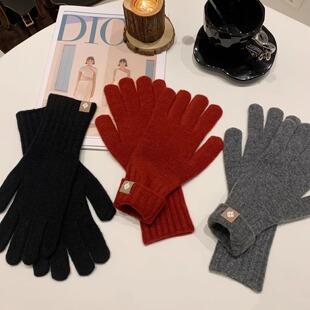 保暖中长筒情侣分指手套冬季新款防寒保暖骑行纯色软糯毛线手套女