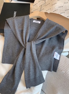 自留浅灰色~羊毛针织披肩女外搭春夏季新款韩版纯色打结坎肩女超