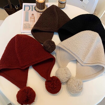 100%纯羊毛巴拉克拉法帽子女纯色保暖护耳毛球高级感圈圈毛针织帽