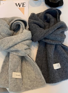 软糯羊毛针织围巾女冬季2025新款波浪纹复古麻灰加厚保暖情侣围脖