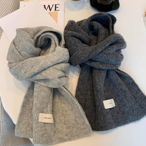 软糯羊毛针织围巾女冬季2025新款波浪纹复古麻灰加厚保暖情侣围脖