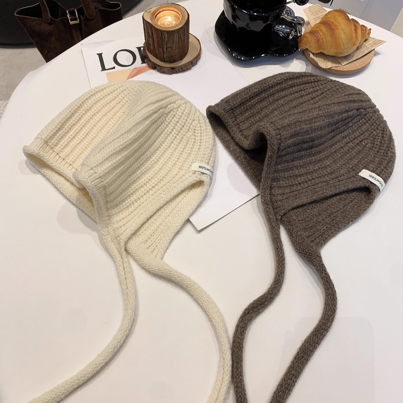 澳洲100%纯羊毛针织帽子2025新款秋冬季包头毛抽绳系带防寒护耳帽
