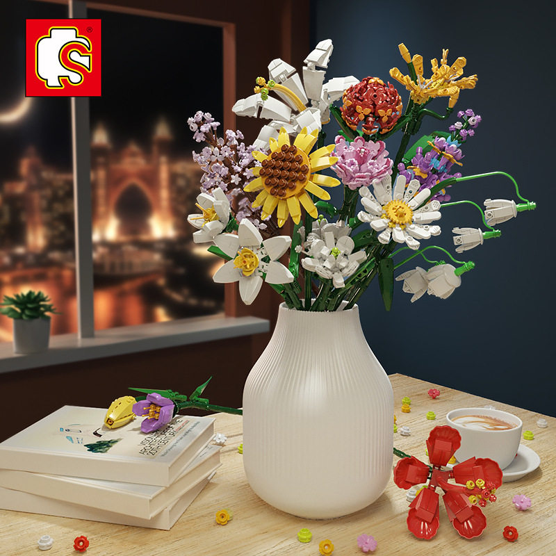 新款 森宝花坊系列玫瑰花朵创意花向阳葵花束摆件小颗粒拼装积木