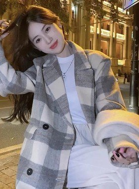 韩版格子毛呢外套女2024新款秋冬季中长款休闲气质赫本风呢子大衣