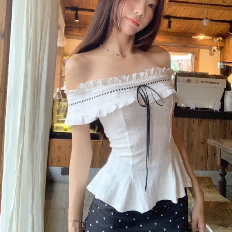 2025年纯欲风设计感白色一字肩短袖T恤女收腰修身上衣