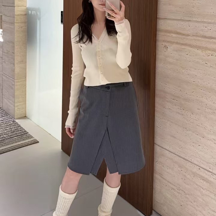 2025新款不规则设计高腰A型搭片西装半裙女夏季小众灰色质感短裙