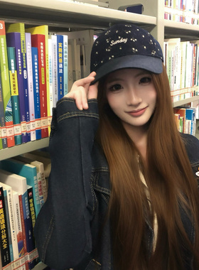 SLN韩版碎花刺绣棒球帽女百搭鸭舌帽显脸小休闲遮阳帽墨蓝色可调