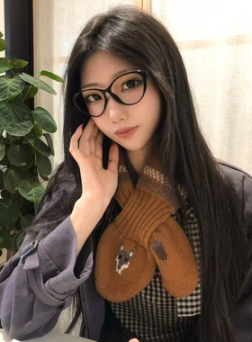 SLN复古针织围巾女秋冬保暖拼色小围脖时尚百搭围巾姜黄色韩版