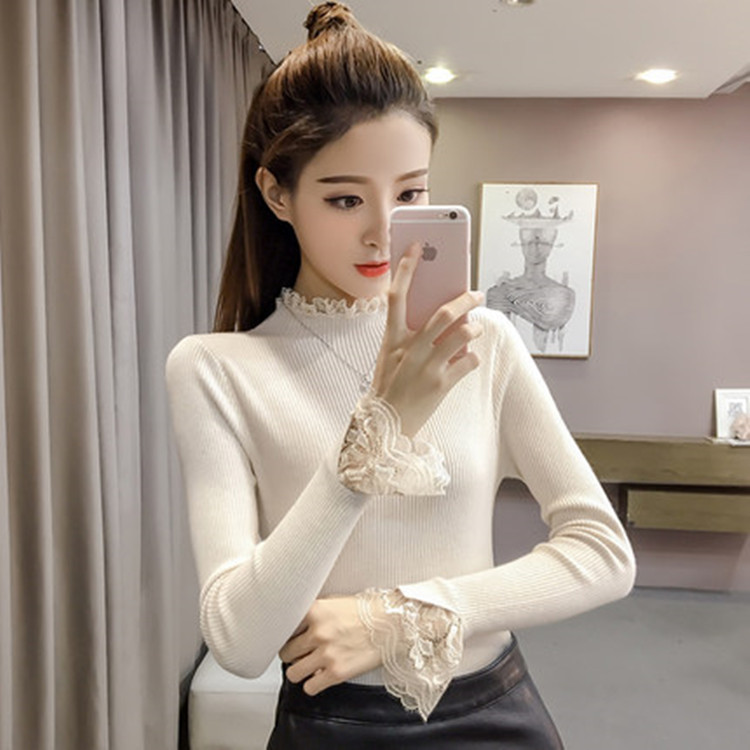秋冬蕾丝半高领修身显瘦打底衫女打底裤