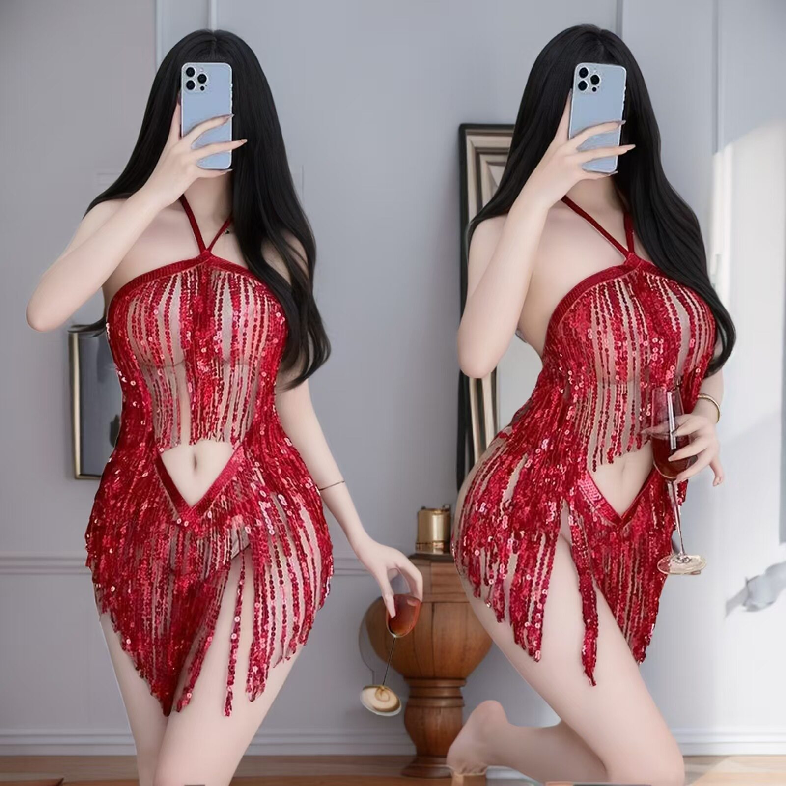 亮片流苏镂空拉丁服套装连体睡裙