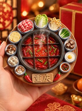 城市美食文创冰箱贴重庆九宫格火锅立体树脂磁吸各地特色小吃磁贴