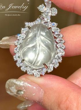 QnJewelry/ 随形豪镶胖叶子 天然水沫玉s925纯银项链a86