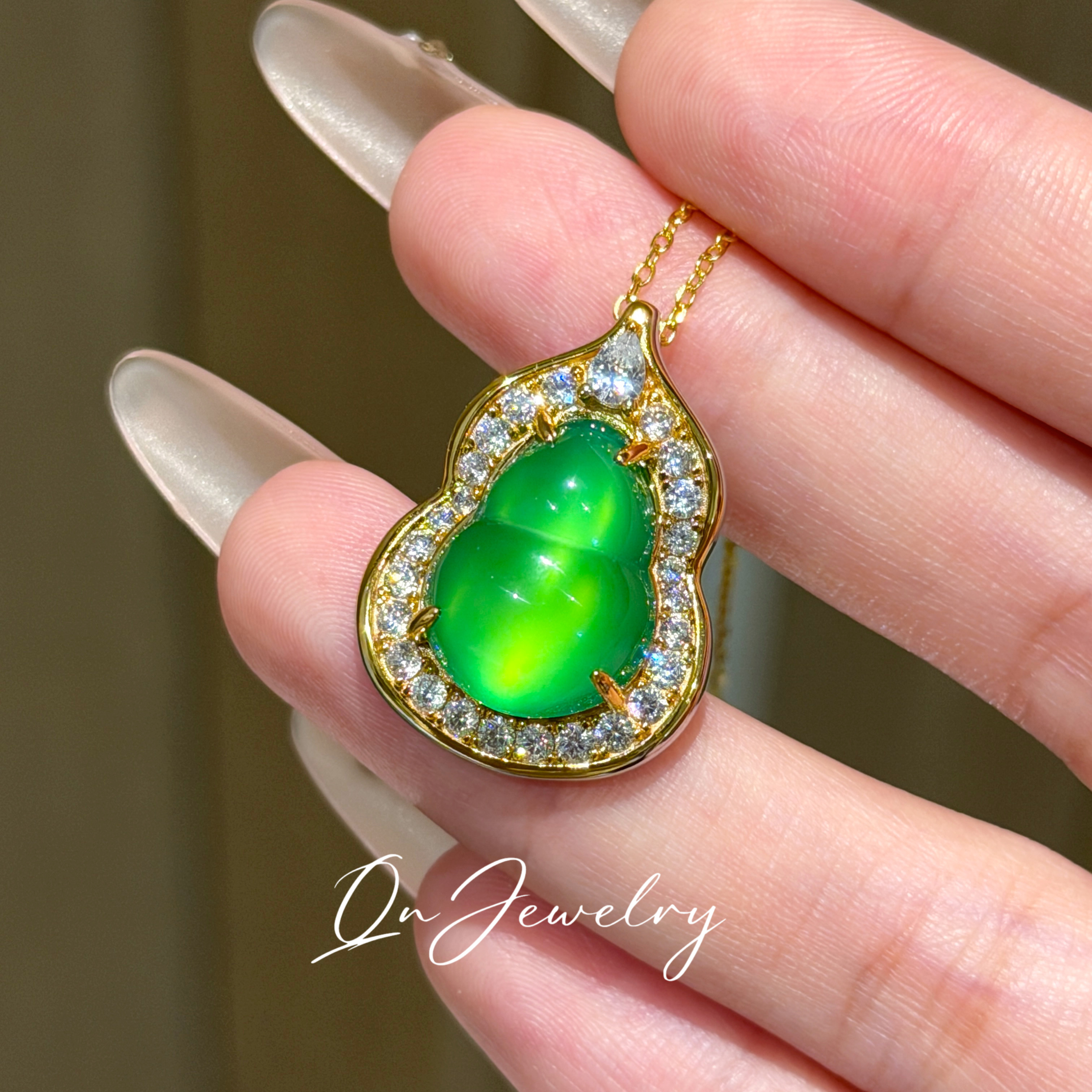 QnJewelry/金光宝葫芦 天然绿玉髓s925纯银项链A84