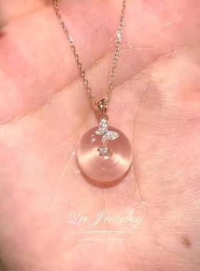 Qn Jewelry/ 蝶影醺梦 小胖墩平安扣天然莫粉s925纯银项链A54