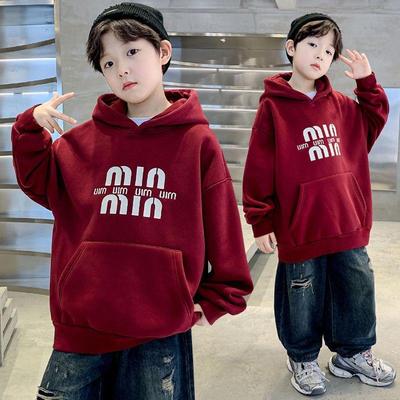 男童加绒卫衣秋冬款红色百搭上衣