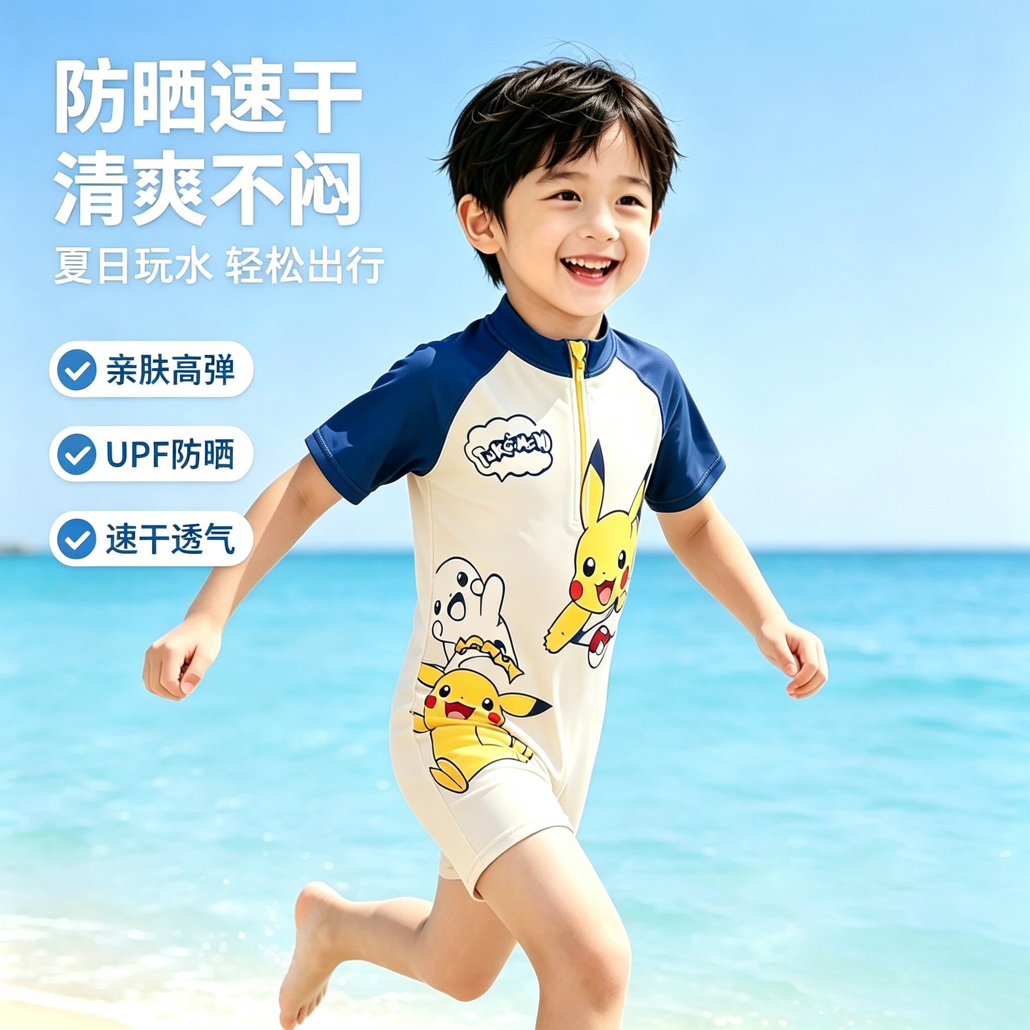 男童皮卡丘连体泳衣防晒速干图片
