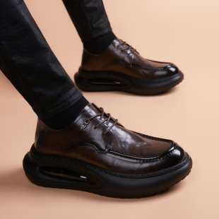 男士气垫底百搭休闲头层牛皮皮鞋男真皮秋季商务透气高端系带男鞋
