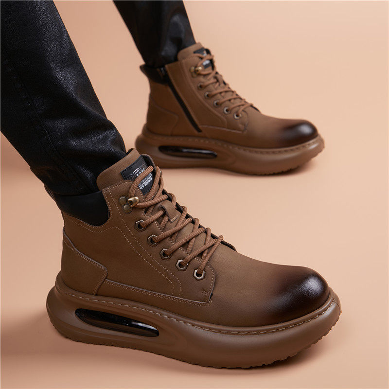 气垫底皮靴男2026新款系带圆头厚底舒适加绒商务百搭男士马丁靴潮