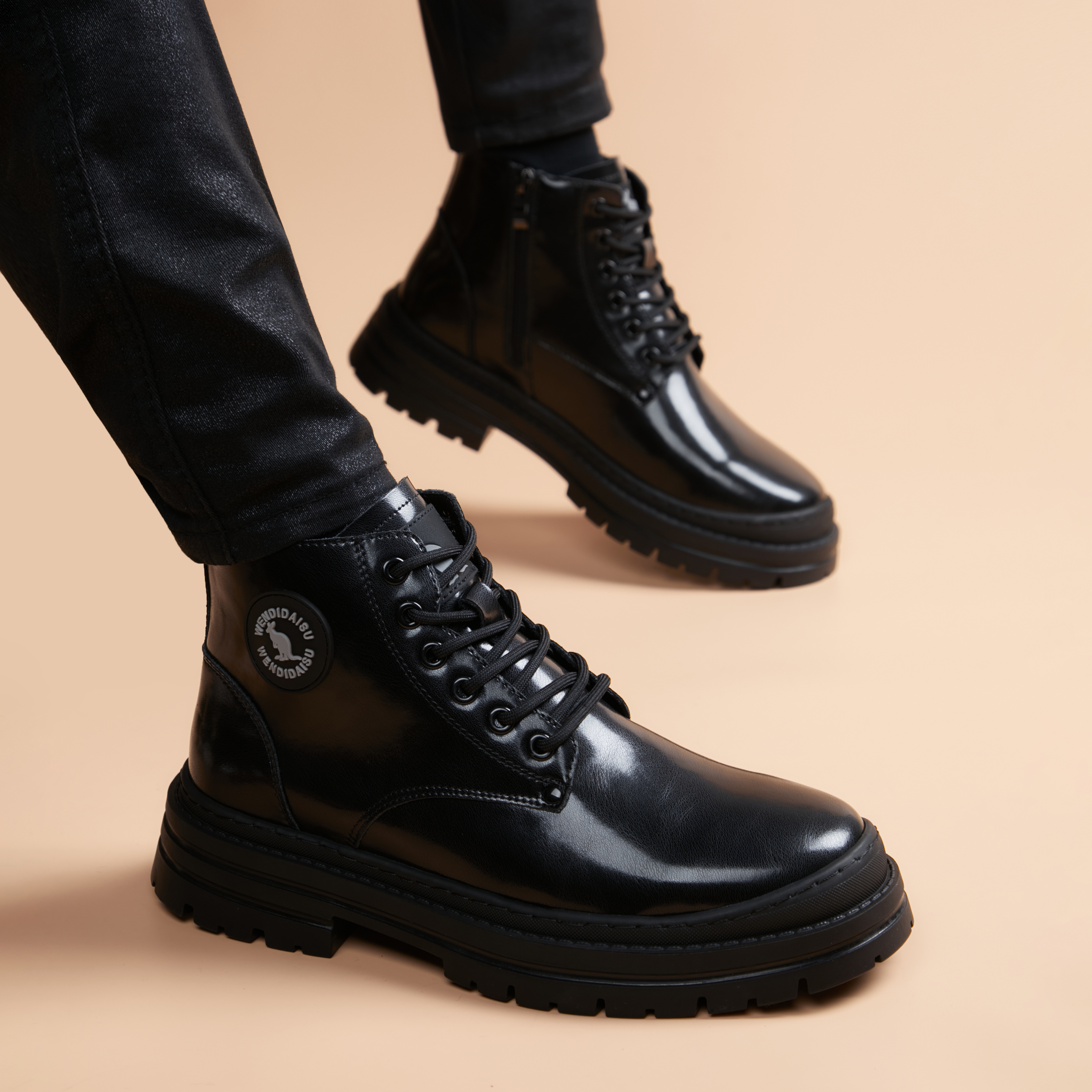 冬季加绒保暖高帮皮靴男真皮黑色厚底增高商务休闲潮流百搭马丁靴