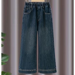 女童牛仔裤秋冬新款儿童洋气加绒阔腿裤中大童冬季直筒裤女孩长裤