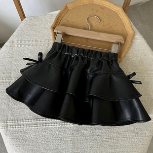 女童皮裙半身裙2026春季 洋气PU皮短裙儿童百褶裙女孩蛋糕裙潮 新款