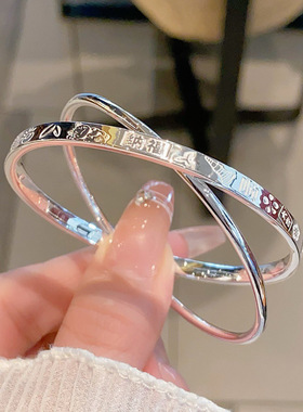 银手镯9999足银女正品纯银手镯 吉言双圈招财纳福闭口实心 民族风