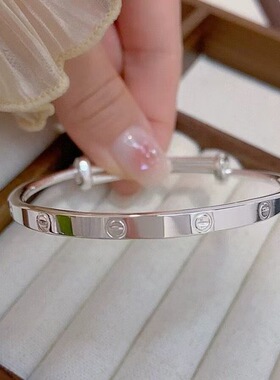 足银9999纯银手镯女日韩简约推拉镯子时尚百搭气质手环送女友