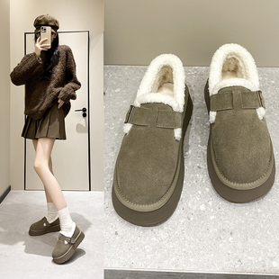 加绒保暖雪地靴女厚底圆头面包鞋 33码 冬季 女棉鞋 女鞋 真皮小码