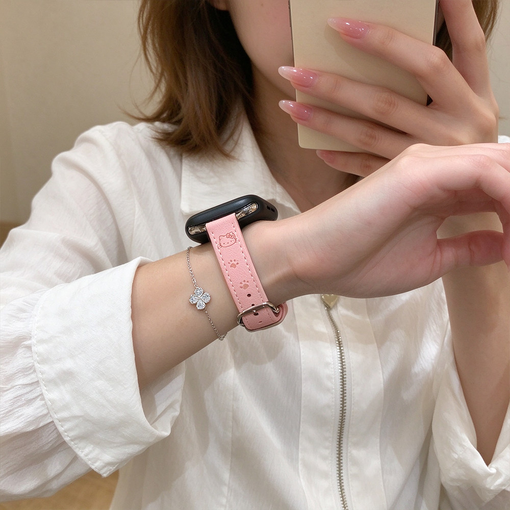 适用iwatch表带皮质apple watch S12/S11/S10/S9卡通猫脚印皮表带