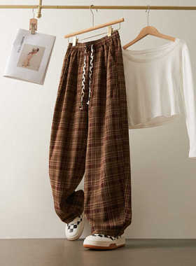 格子阔腿休闲弯刀裤女秋冬季新款松弛感慵懒风宽松遮胯镰刀香蕉裤