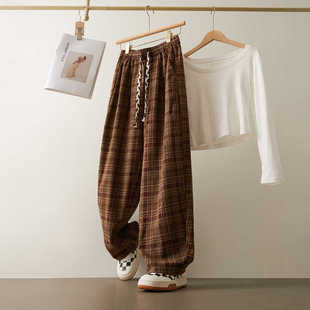 松弛感慵懒风宽松遮胯镰刀香蕉裤 新款 女秋冬季 格子阔腿休闲弯刀裤