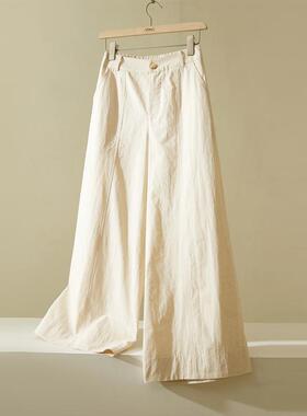 棉麻九分阔腿裤女夏季薄款抗皱亚麻高腰直筒宽松显瘦米白色休闲裤