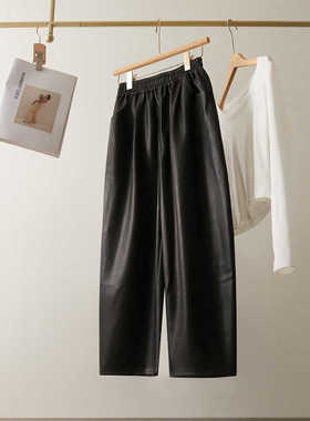 黑色休闲加绒PU皮裤女2025秋冬新款洋气哈伦显瘦宽松阔腿九分裤子
