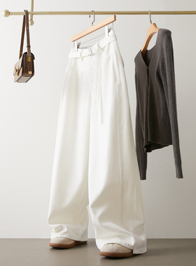 白色阔腿牛仔裤女秋季新款高级休闲慵懒松弛高腰直筒垂感宽松裤子