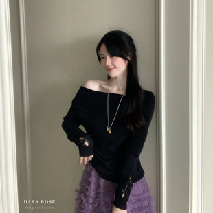DARA ROSE-爆款复古黑色显瘦通勤蝴蝶结柔软长袖小衫针织衫S8687