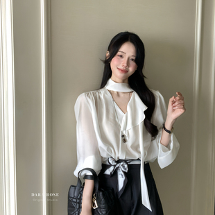 DARA ROSE-法式气质飘带v领白色衬衫韩系穿搭高级感长袖小衫P8648