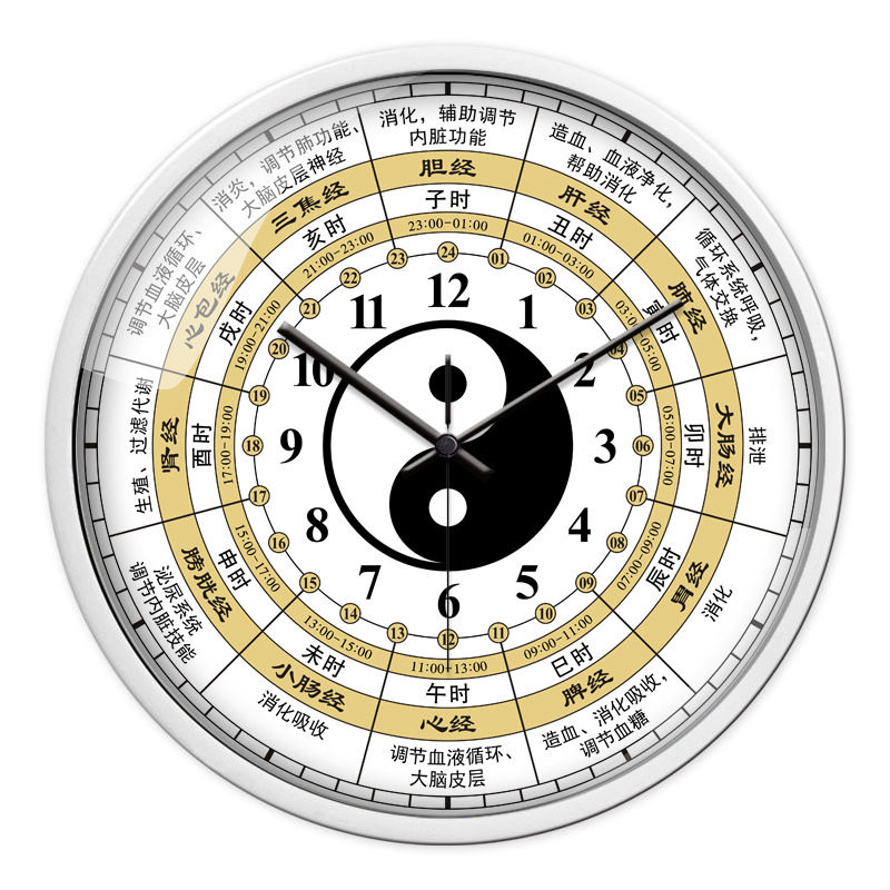 太极八卦静音挂钟子午流注经络时钟十二时辰石英钟表复古客厅中式