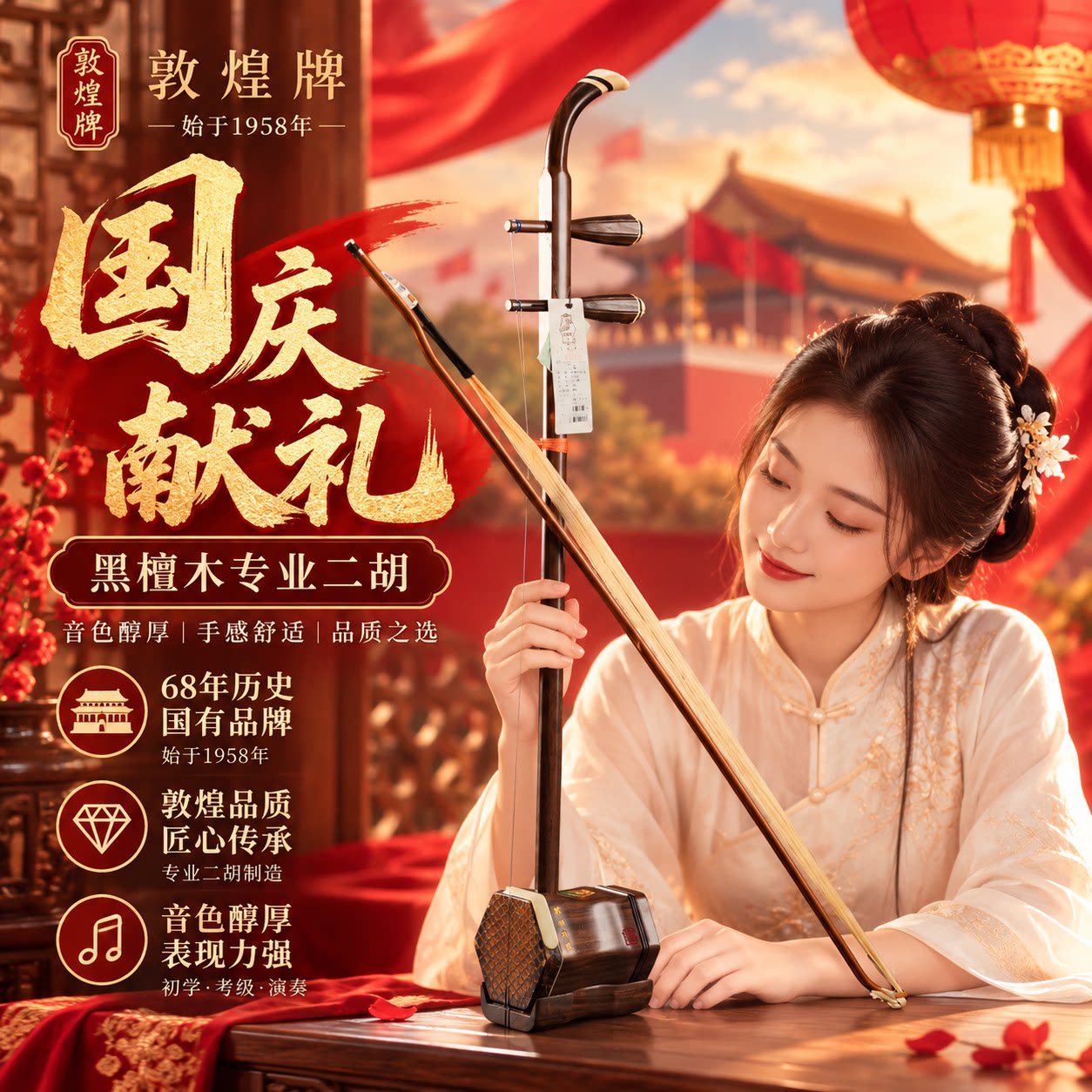 敦煌牌黑檀木二胡乐器新品红木专业考级演奏全套六角扁杆红木胡琴