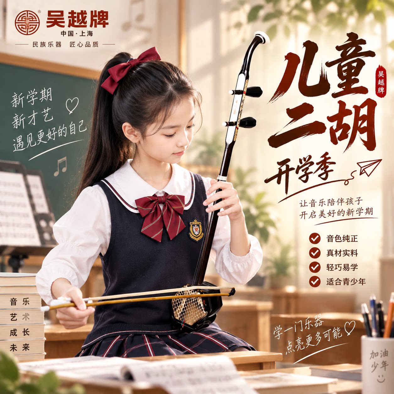 吴越儿童二胡乐器初学者演奏考级儿童专用厂家直销小二胡实木蟒皮