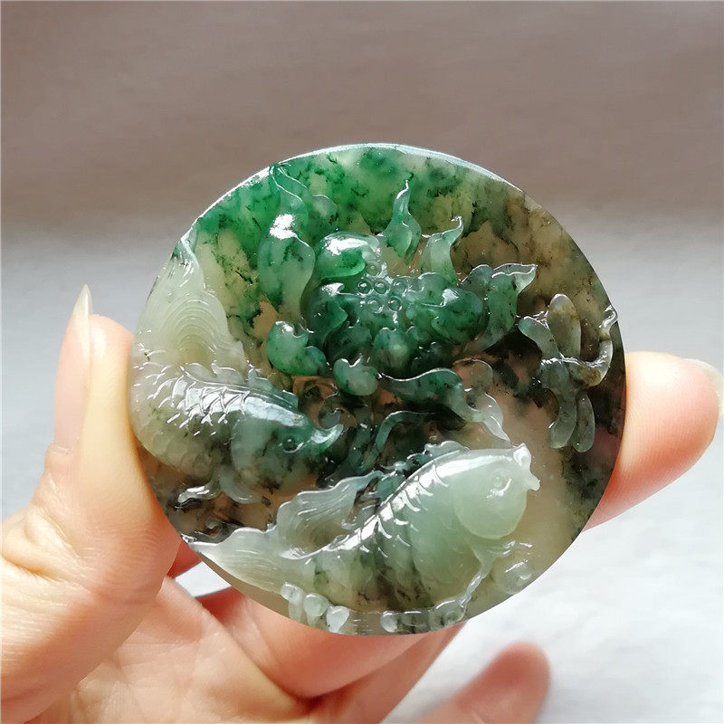 收藏天然玉石独山玉吊坠南阳独玉荷花鱼圆牌玉器金玉满堂翡翠送证